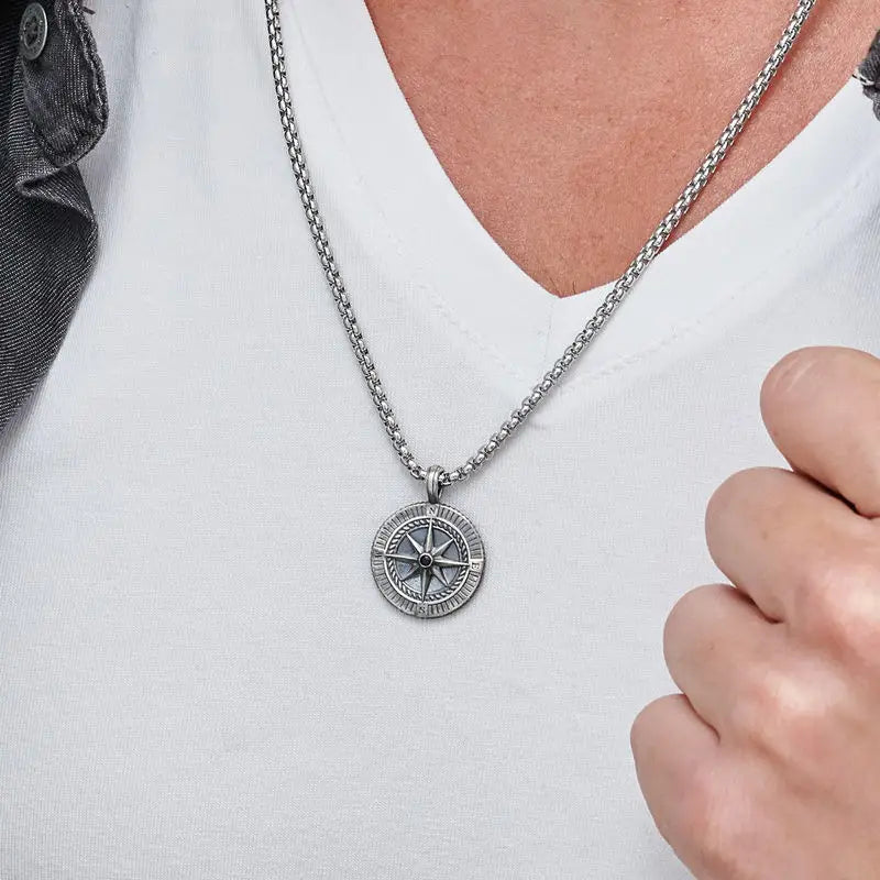 Personalized Compass Necklace for Men in Silver