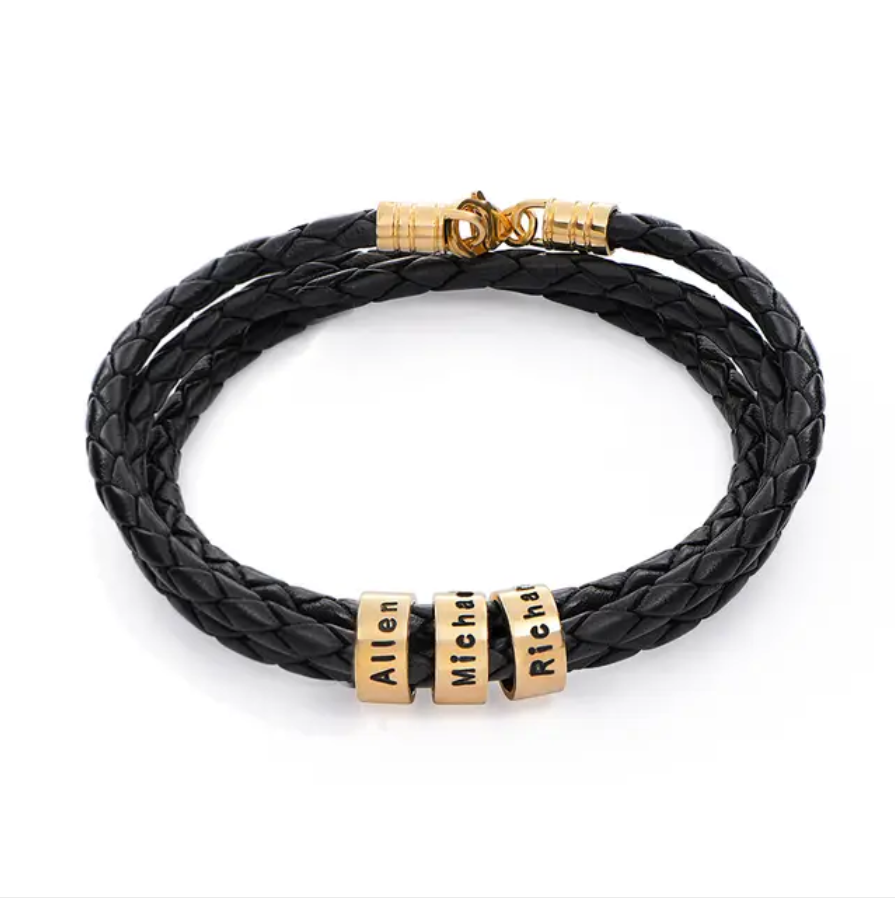 Braided Leather Bracelet -W/Engraved Beads