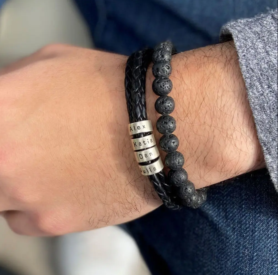 Braided Leather Bracelet -W/Engraved Beads