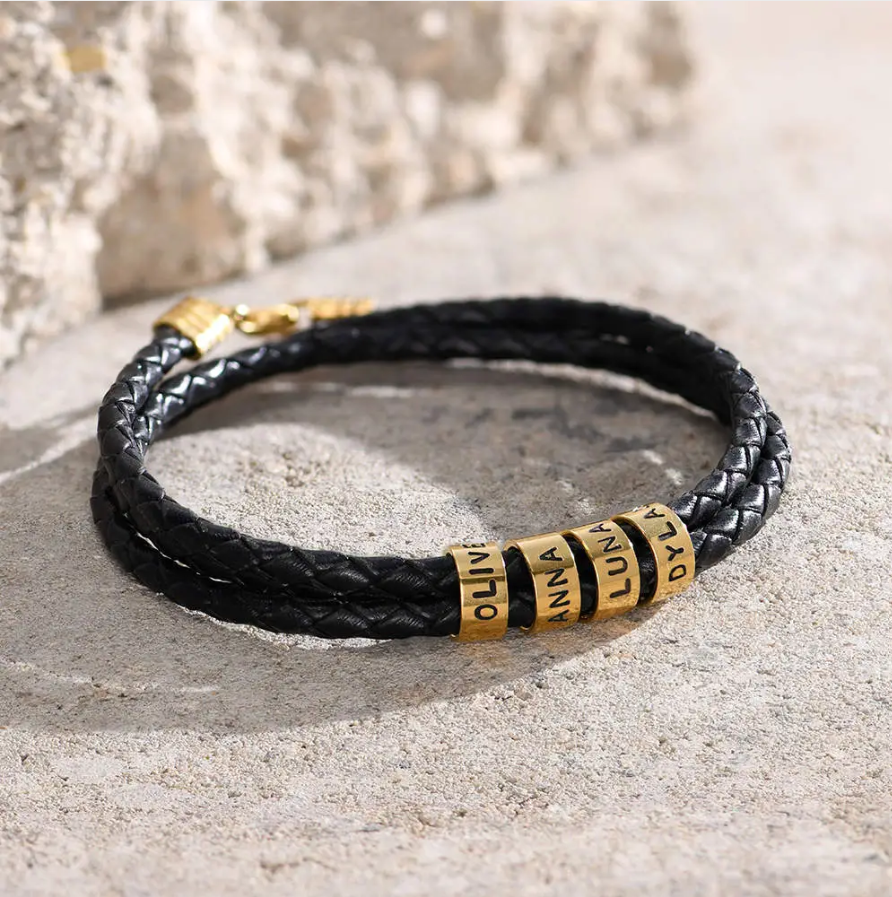 Braided Leather Bracelet -W/Engraved Beads