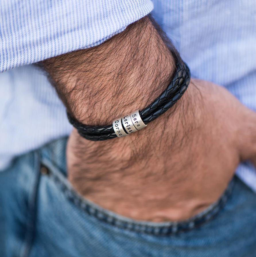 Braided Leather Bracelet -W/Engraved Beads